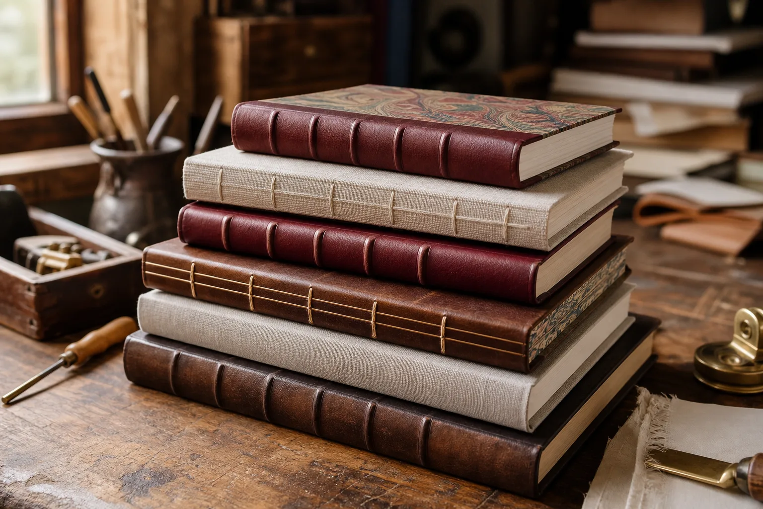 Werkbank met vier ingebonden boeken naast elkaar: spiraalband, garenloze softcover, genaaid katern en linnen hardcover